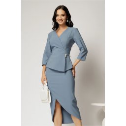 Compleu albastru dama format din sacou cu peplum si fusta cu slit asimetric