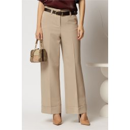 Pantaloni bej office casual cu croi drept si curea