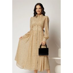 Rochie DY Fashion midi din voal bej cu buline si croi tip camasa
