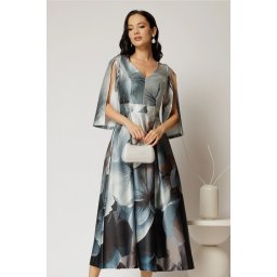 Rochie midi gri satinata cu imprimeu floral bleu