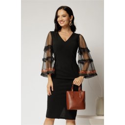 Rochie neagra eleganta cu maneci largi transparente si detalii decorative