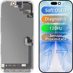 Display cu Touchscreen si Senzor Proximitate Lumina MP compatibil cu Apple iPhone 17, cu Rama, Versiune Soft OLED FHD 120Hz Diagnostic, Negru