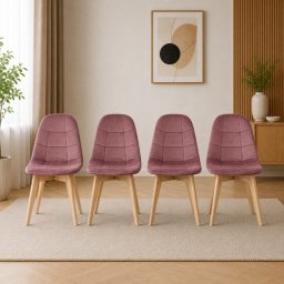 Set 4 scaune Bora pentru bucatarie si living, catifea roz inchis, lemn natur