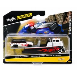 Maisto Design Elite Transport Set Camion Cu Rampa Coe Flatbed Si Masinuta Chevrolet K5 Blazer 1979 Scara 1 La 64