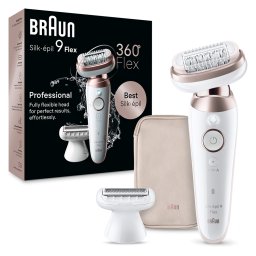 Epilator Braun Silk-épil 9 9-030 Flex 360° Wet & Dry, Smart Touch, 40 de pensete, 2 viteze, Cap de ras + Pieptene, Geanta de voiaj, Alb/Bronz