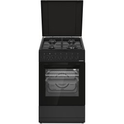 Aragaz mixt HEINNER HFSC-S60LITGC-BK, 4 arzatoare, Suport email, Capac metalic, Arindere electrica plita, Dispozitiv de siguranta plita, Cuptor electric, Clasa A, 7 functii, Timer, Grill, Ventilatie, Duze GPL incluse, Negru