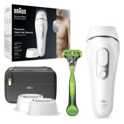 Epilator Epilator IPL Senzor automat & continuu Skin pro 2.0, 400.000 impulsuri, 10 niveluri de intensitate, 125 de impulsuri pe minut, cap lat, Trusa de voiaj, Aparat de ras Gillette, Alb