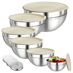 Set 6 Boluri pentru Mixare si Depozitare, Flippy, Inox Premium, Capace Ermetice, 3 Accesorii Razuire si Feliere, Interior Gradat, Design Nestable, Argintiu