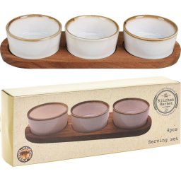 Set servire cu 3 boluri ceramice si platou lemn acacia dreptunghiular