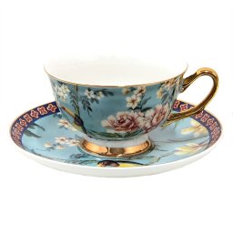 Set cana + farfurie pentru ceai/cafea, albastru/auriu, model flori, / 200 ml