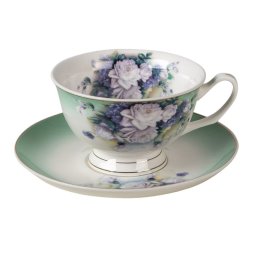Set cana + farfurie pentru ceai/cafea, verde/alb, model flori, / 200 ml