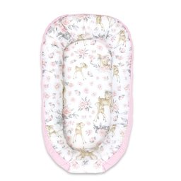Cosulet bebelus, miminu, pentru dormit, cu doua fete, baby nest 105x66 cm, husa 100% bumbac si catifea moale, materiale certificate oeko tex standard 100, cu salteluta, detasabila, velvet sweet deer pink