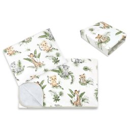 Lenjerie pat junior cu 3 piese, qmini, cu cearceaf 160x80 cm, din bumbac certificat oeko tex standard 100, cu paturica si pernuta, safari