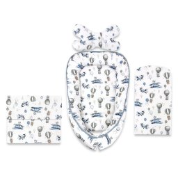 Set 4 in 1 cosulet bebelus, miminu, baby cocoon 75x55 cm, husa bumbac, din bumbac certificat oeko tex standard 100, cu paturica 50x70 cm, cu salteluta, cu perna fluture, blue plane
