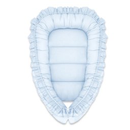 Cosulet bebelus, miminu, pentru dormit, baby nest 55 x 75 cm, cu volanase, husa 100% bumbac, din bumbac certificat oeko tex standard 100, colectia royal, blue