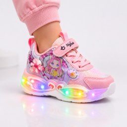Pantofi sport cu lumini LED, Model Papusica cu invartitoare, Piele ecologica, Fete, Roz