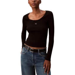CALVIN KLEIN Bluză Ls Woven Label 2X2 Rib Scoop N LV047D218G UB1 black