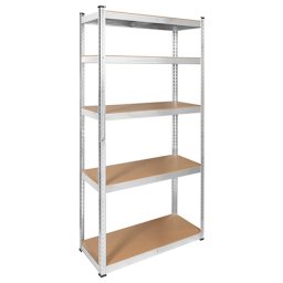 Raft metalic depozitare REBEL, 5 polite MDF reglabile, sarcina totala 500kg, 100kg/polita, profile galvanizate 0.5mm, montaj fara suruburi, separabil in 2 rafturi, 180x90x40cm, argintiu, RB-1256