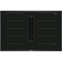 Plita incorporabila Bosch Seria 8 PXX875D67E, Inductie, 4 zone de gatit, PerfectCook, PerfectAir, FlexInduction, Direct select, Home Connect, Hota incorporata, Putere de absorbtie 622 mc/h, 80 cm, Negru