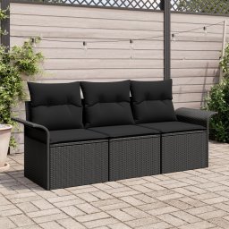 Gossi set canapea de gradina cu perne, 3 piese, negru, ratan polimeric