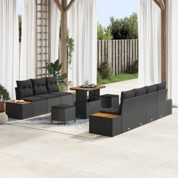 Gossi set de canapea de gradina cu 10 piese si perne, negru, rattan polimeric, acacia, Gossi set de dining de gradina cu 3 piese si perne, negru, rattan polimeric, acacia
