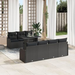 Gossi set de sofa de gradina cu 8 piese cu perne negru ratan poli, Gossi sofa de gradina cu 2 locuri cu perne negru ratan poli