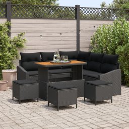 Gossi set de sofa pentru gradina cu 9 piese si perne negru rattan poly acacia, Gossi sofa de gradina cu 2 locuri si perne negru rattan poly, Gossi set de dining pentru gradina cu 4 piese si perne negru rattan poly acacia