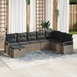 Set 8 piese canapea de gradina cu perne gri ratan polimer, canapea de gradina cu 2 locuri cu spatiu de stocare & perne gri ratan polimer