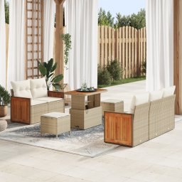 Set canapea gradina 8 piese cu pernite bej poli rattan acacia, canapea gradina 2 locuri cu pernite bej poli rattan, set cina gradina 3 piese cu pernite bej poli rattan acacia