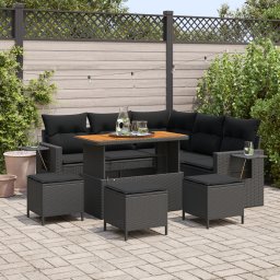 Set canapea gradina 9 piese cu perne - poli ratan negru acacia, set dining gradina 4 piese cu perne - poli ratan negru acacia