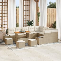 Set canapea gradina Gossi 13 piese cu perne bej poli ratan acacia, set dining gradina Gossi 4 piese cu perne bej poli ratan acacia, canapea gradina Gossi 2 piese cu perne bej poli ratan