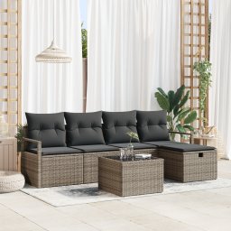 Set canapea gradina Gossi 6 piese perna gri ratan poli, canapea gradina Gossi 2 locuri cu spatiu stocare & pernite gri ratan poli