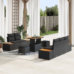 Set canapea gradina Gossi 8 piese cu perne ratan polimer negru acacia, set masa si canapea gradina Gossi 3 piese cu perne ratan polimer negru acacia
