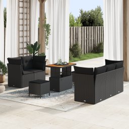 Set canapea gradina Gossi cu 8 piese si perna ratan poli negru acacia, set dining gradina Gossi cu 3 piese si perna ratan poli negru acacia