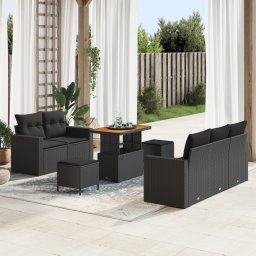 Set canapea gradina Gossi cu 8 piese si perne ratan poli negru acacia, set masa gradina Gossi cu 3 piese si perne ratan poli negru acacia