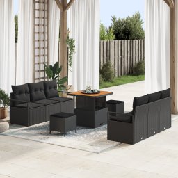 Set canapea gradina Gossi cu 9 piese si perne ratan poly negru acacia, canapea gradina cu 2 locuri Gossi cu perne ratan poly negru, set dining gradina cu 3 piese si perne Gossi ratan poly negru acacia