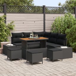 Set canapea gradina Gossi de 9 piese cu perna neagra din ratan poli si acacia, canapea gradina Gossi pentru 2 persoane cu perna neagra din ratan poli, set dining pentru gradina Gossi de 4 piese cu perna neagra din ratan poli si acacia