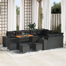 Set canapea pentru gradina Gossi cu 12 piese si perne negru ratan poli acacia, set de 3 piese pentru dining in gradina Gossi cu perne negru ratan poli acacia