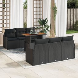 Set canapele gradina Gossi 7 piese cu perne negru ratan poli acacia, canapea gradina Gossi 2 locuri cu perne negru ratan poli