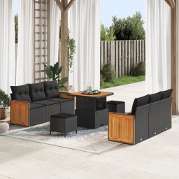 Set de 9 piese de sofa de gradina Gossi cu perne negre ratan polimeric acacia, sofa de gradina Gossi cu 2 locuri si perne negre ratan polimeric, set de dining de gradina de 3 piese cu perne negre ratan polimeric acacia