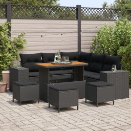 Set de 9 piese pentru gradina Gossi cu pernute negru din ratan poliester si acacia, set de mancare pentru gradina Gossi cu pernute negru din ratan poliester si acacia