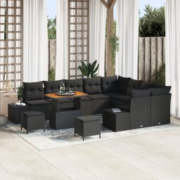 Set de canape pentru gradina Gossi cu 12 piese si perne negru ratan polimeric acacia, set de dining pentru gradina Gossi cu 3 piese si perne negru ratan polimeric acacia, canapea pentru doua persoane in gradina Gossi cu perne negru ratan polimeric