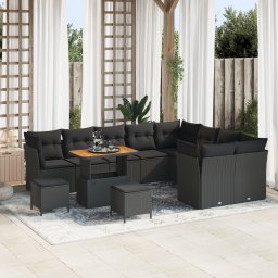 Set de canapea de gradina Gossi 12 piese cu perne ratan poliratan acacia negru, set de dining de gradina Gossi 3 piese cu perne ratan poliratan acacia negru