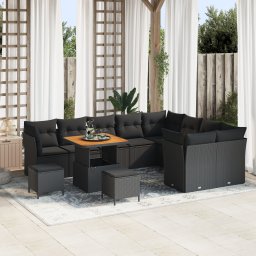 Set de canapea de gradina Gossi cu 12 piese si perne, ratan poliester negru si acacia, set de dining de gradina Gossi cu 3 piese si perne, ratan poliester negru si acacia