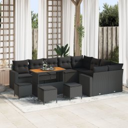 Set de canapea de gradina Gossi cu 13 piese si perne din ratan poli negru acacia, set de dining pentru gradina Gossi cu 4 piese si perne din ratan poli negru acacia