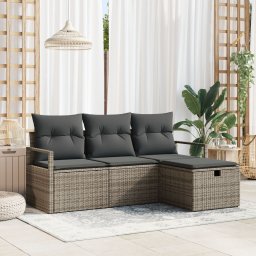 Set de canapea de gradina Gossi cu 4 piese si perne gri ratan poliester, canapea de gradina Gossi pentru 2 persoane cu depozitare si perne gri ratan poliester