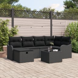 Set de canapea de gradina Gossi cu 7 piese cu pernite negru ratan poly, canapeaua de gradina Gossi cu 2 locuri cu pernite negru ratan poly
