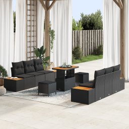 Set de canapea de gradina Gossi cu 9 piese cu perne negru ratan poli acacia, set de dining de gradina Gossi cu 3 piese cu perne negru ratan poli acacia