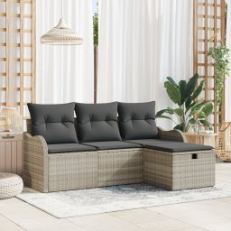 Set de canapea de gradina Gossi cu perne gri deschis din ratan poli, canapea de gradina Gossi pentru 2 persoane cu perne gri deschis din ratan poli