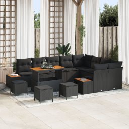 Set de canapea de gradina Gossi de 13 piese cu perne din ratan negru, set de dining de gradina Gossi de 4 piese cu perne din ratan negru